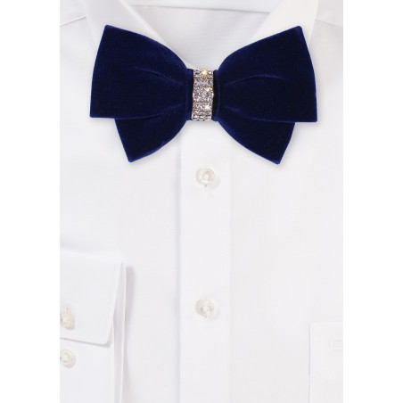 Dark Navy Velvet Bow Tie with Diamond Band