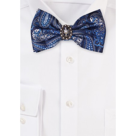 Blue Paisley Bow Tie with Center Pearl Decoration