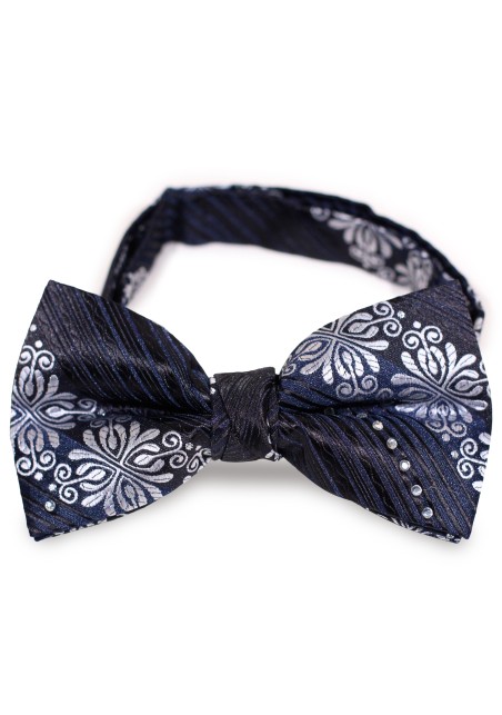 Black and Silver Floral Bow Tie with Encrusted Diamonds
