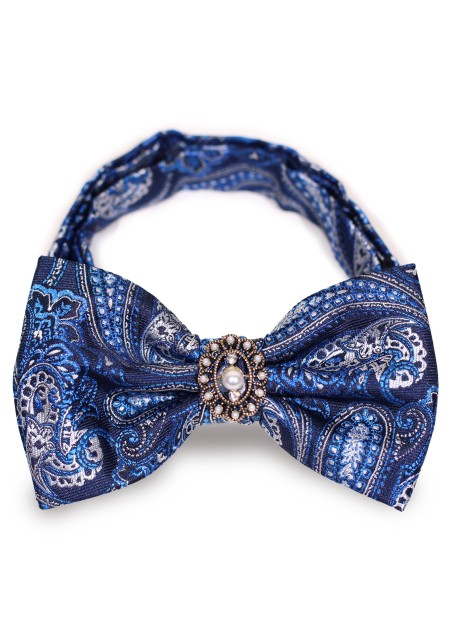 Blue Paisley Bow Tie with Center Pearl Decoration