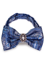 Blue Paisley Bow Tie with Center Pearl Decoration
