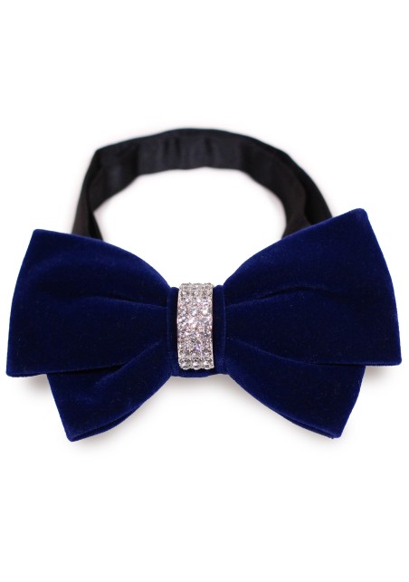 Dark Navy Velvet Bow Tie with Diamond Band