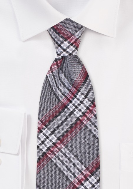 Tartan Check Cotton Tie in Gray, Black, and Burgundy