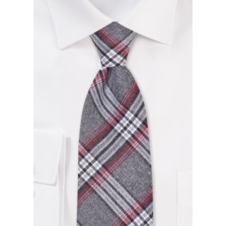 Tartan Check Cotton Tie in Gray, Black, and Burgundy