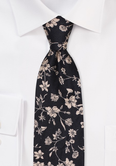 Black Cotton Tie with Flower Print