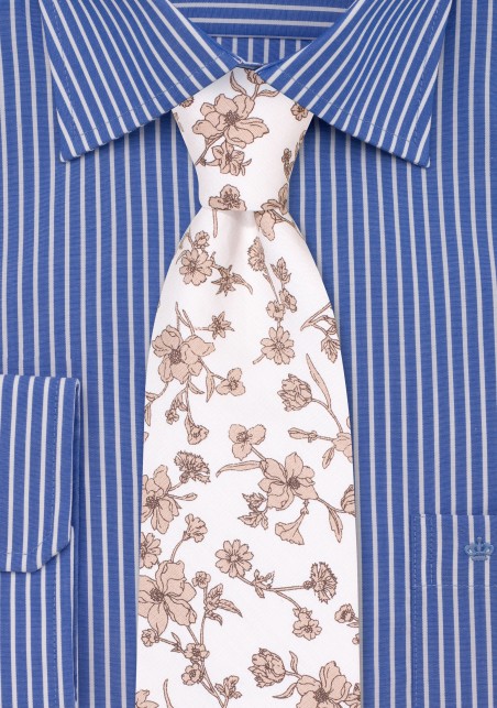 White and Tan Cotton Tie with Flower Print