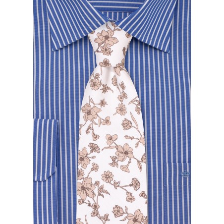 White and Tan Cotton Tie with Flower Print
