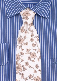 White and Tan Cotton Tie with Flower Print