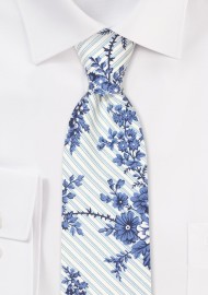 Striped Floral Skinny Tie in Blue