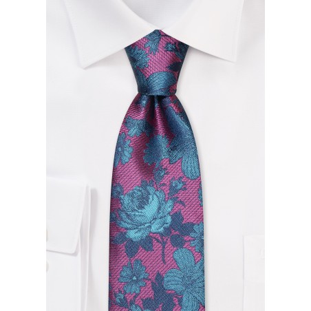 Slim Designer Tie in Berry with Teal Floral Weave