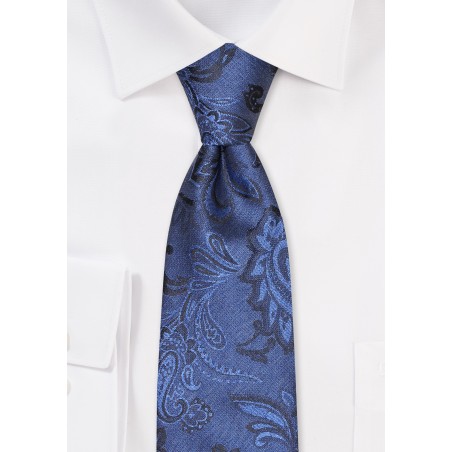 Slim Wool Textured Tie in Dark Navy Paisley Design