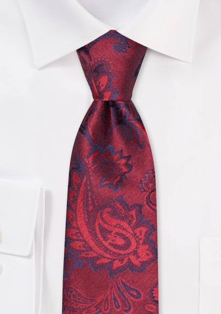 Woolen Paisley Skinny Tie in Reds and Blues