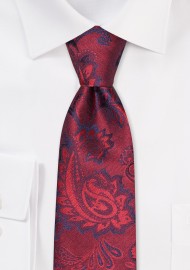 Woolen Paisley Skinny Tie in Reds and Blues