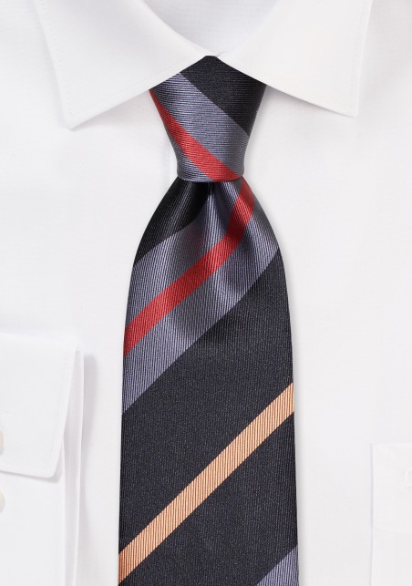 Slim Cut Striped Tie in Charcoal, Silver, Bronze, and Gold
