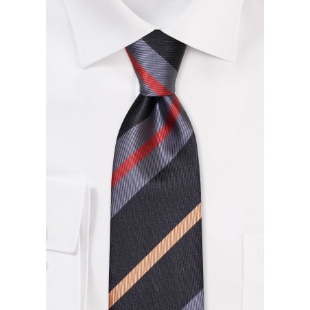 Slim Cut Striped Tie in Charcoal, Silver, Bronze, and Gold