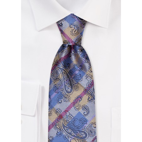 Paisley Check Tie in Periwinkle and Gold