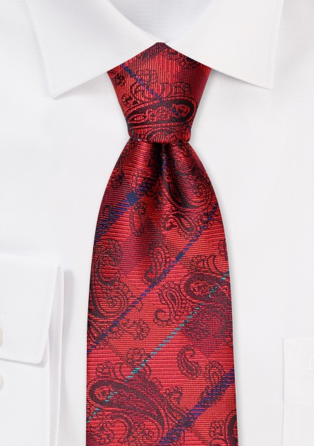Paisley Check Tie in Chili Red