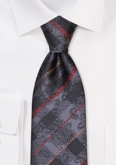 Paisley Check Tie in Black, Bronze, Gold