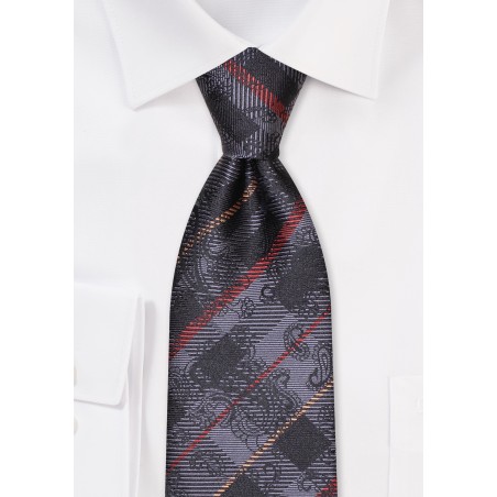 Paisley Check Tie in Black, Bronze, Gold