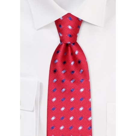 Designer Check Tie in Cherry Red and Blues