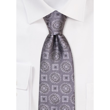 Medallion Designer Tie in Silver