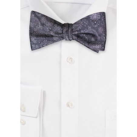 Charcoal Gray Paisley Bowtie in Self-Tie Style