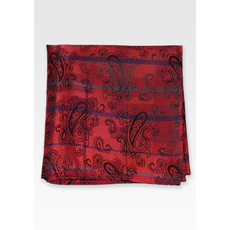 Paisley Check Pocket Square in Cherry Red