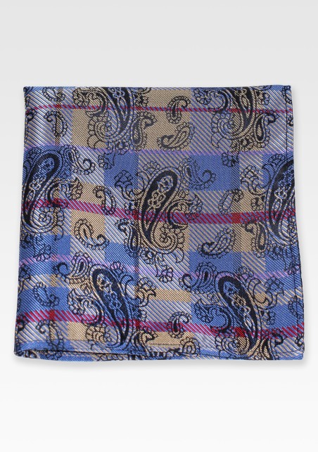 Blue Gold Paisley Check Pocket Square