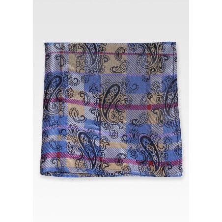 Blue Gold Paisley Check Pocket Square