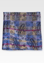 Blue Gold Paisley Check Pocket Square