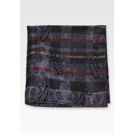 Paisley Check Pocket Square in Charcoal