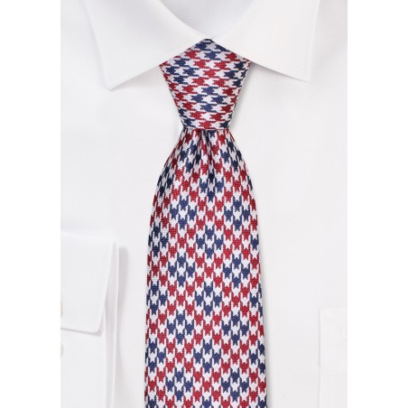 Slim Houndstooth Check Tie in Red, White, and Blue