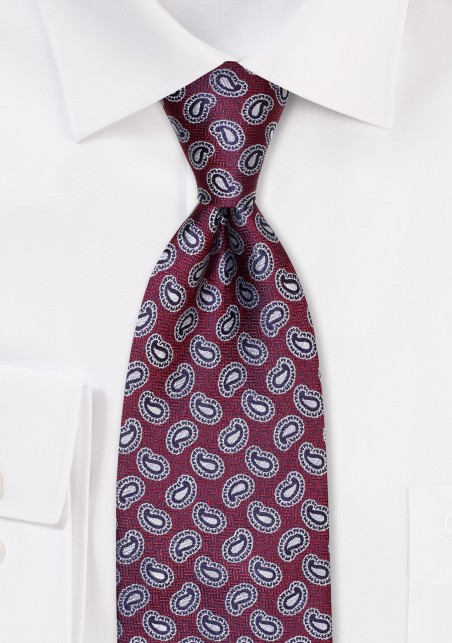 Burgundy and Silver Paisley Tie in Raw Silk Weave