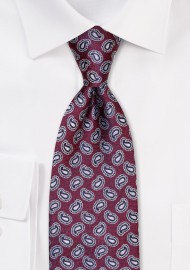 Burgundy and Silver Paisley Tie in Raw Silk Weave