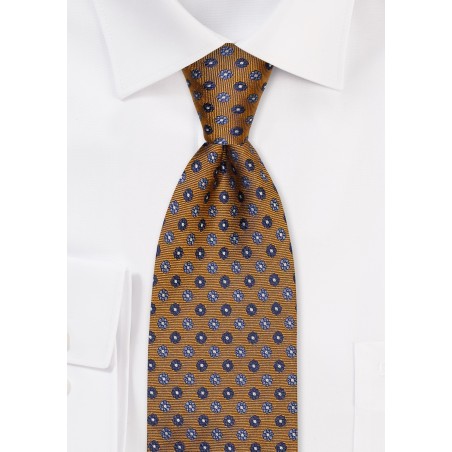 Silk Tie in Antique Gold with Tiny Embroidered Blossoms