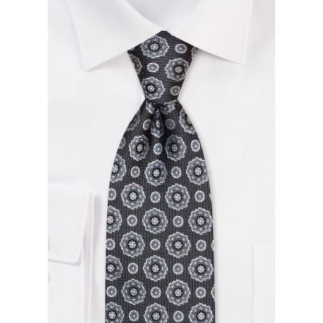 Black and Silver Medallion Weave Silk Tie