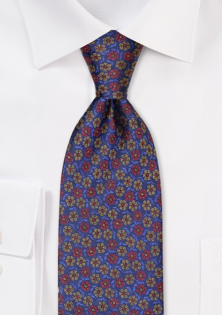 Navy, Gold, and Bronze Floral Silk Tie