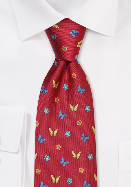 Wine Red Tie with Embroidered Butterflies