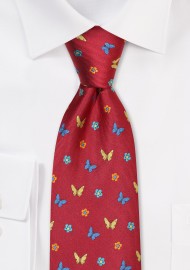 Wine Red Tie with Embroidered Butterflies