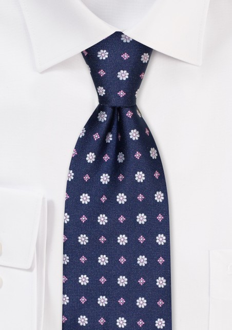 Navy Tie with Tiny Embroidered Flowers in Pink