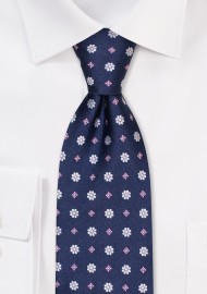 Navy Tie with Tiny Embroidered Flowers in Pink