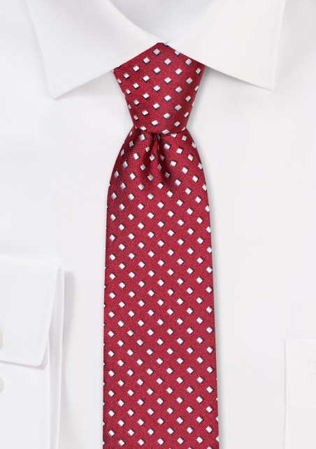 Skinny Tie in Wine Red and Silver Checks