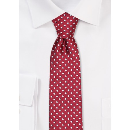 Skinny Tie in Wine Red and Silver Checks