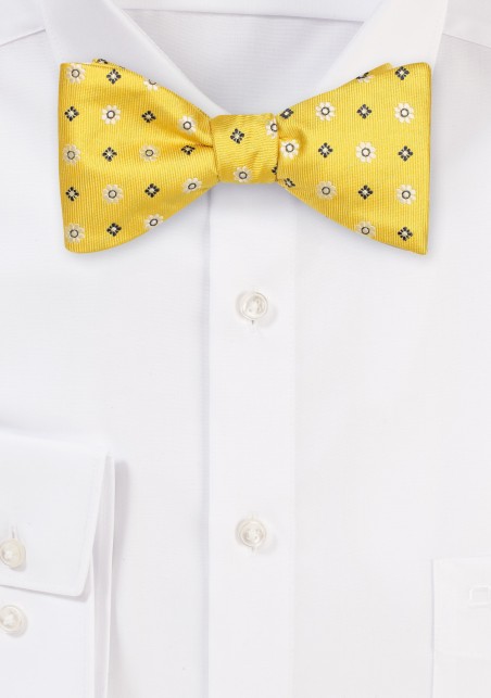 Golden Yellow Floral Bow Tie in Self Tie Style