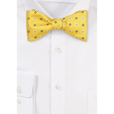 Golden Yellow Floral Bow Tie in Self Tie Style
