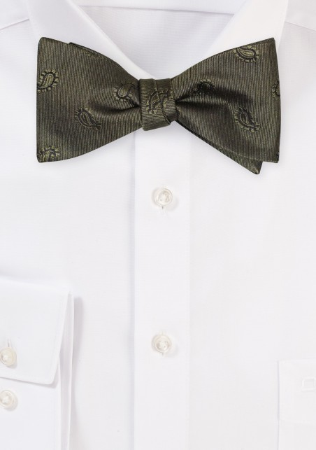 Olive Green Paisley Bowtie in Self-Tie Style