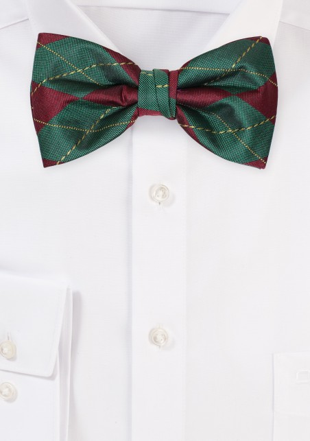 Argyle Check Bow Tie in Burgundy and Green
