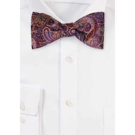 Self Tie Paisley Bow Tie in Burgundy and Gold