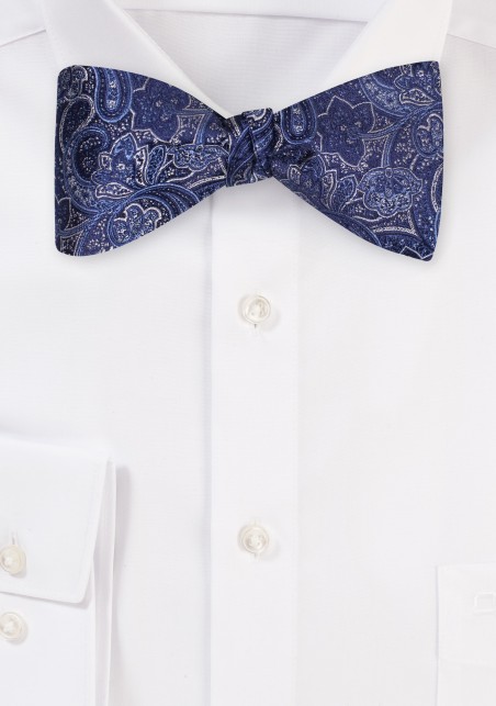Intricate Navy Blue Paisley Bowtie in Self-tie Style