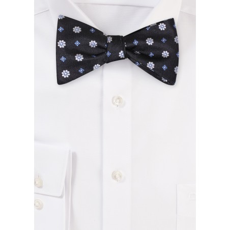 Brown Self Tie Bow Tie with Embroidered Flowers